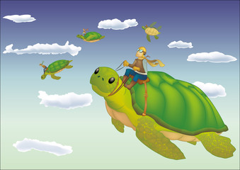 Illustrazione fantasy di tartarughe volanti. Vettoriale