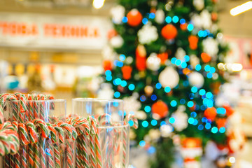 Abstract Blurred shopping mall background with Christmas decorations