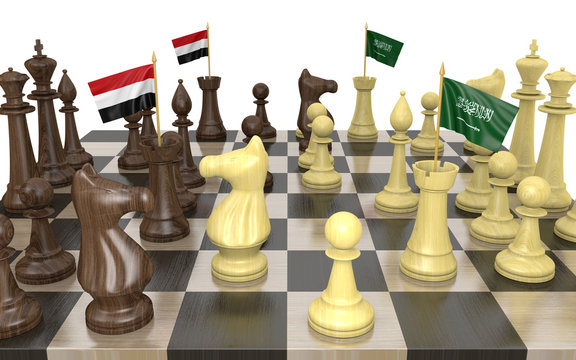 Yemen and Saudi Arabia war strategy and power struggle, 3D rendering
