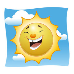 A laughing cartoon sun. Against a blue sky with clouds. Vector illustration.