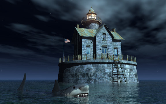 Haifisch vor Wohnhaus mit Leuchtturm im Meer bei Nacht