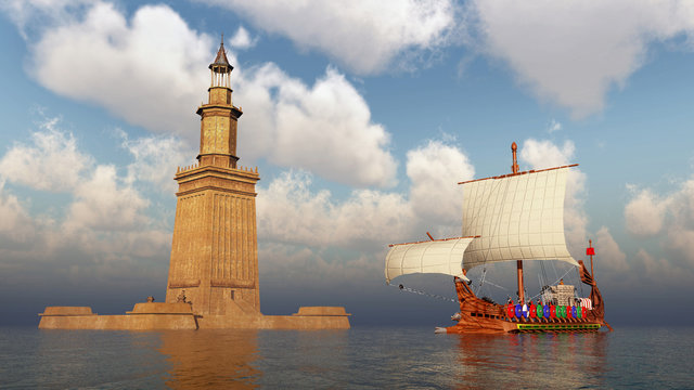 Leuchtturm von Alexandria und antikes römisches Kriegsschiff