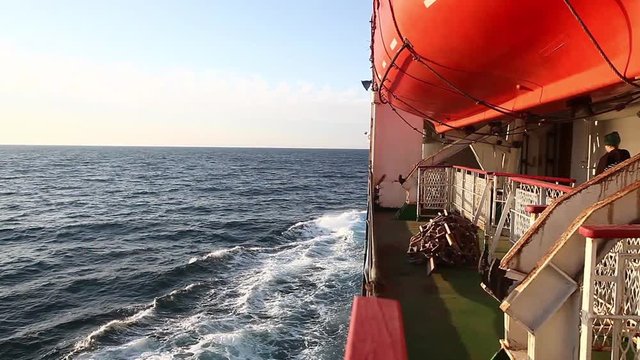 View from a passenger ship as it sails across the sea.