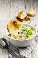 Vegan cream mushroom soup and tasted bread. Selective focus, copy space. 