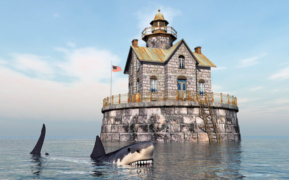 Weißer Hai vor Wohnhaus mit Leuchtturm im Meer