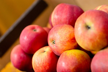Ripe red apples in cardboard boxes.