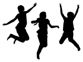 three black jumping child on white