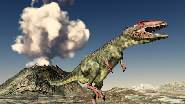 Vulkanausbruch und der Dinosaurier Giganotosaurus 