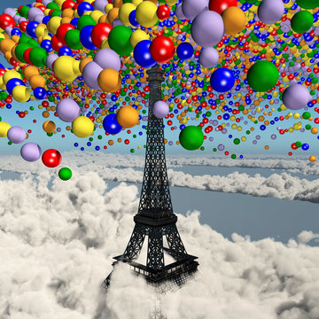 Luftballons über dem Eiffelturm in Paris
