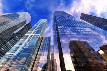 Beautiful skyscrapers against the sky with clouds, view from below, 3d rendering
