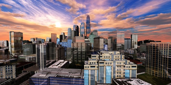 beautiful view of the modern city, the city center at sunset, 3d rendering
