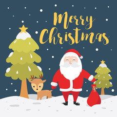 Merry Christmas illustration vector with santa claus and reindeer