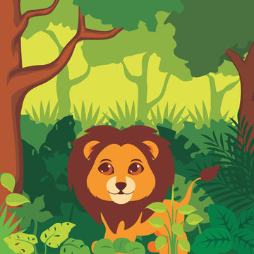 Cute lion in the jungle illustration vector