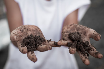 Little child girl holding black soil in hand for planting