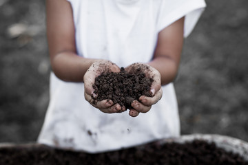 Little child girl holding black soil in hand for planting