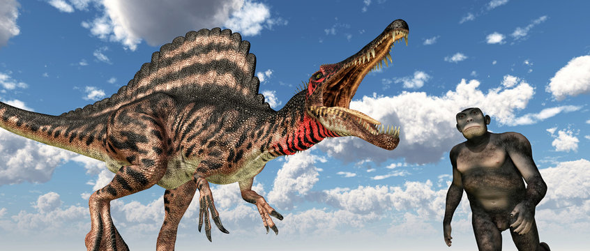 Dinosaurier Spinosaurus und Homo habilis