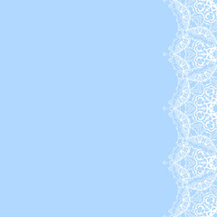 Vector decorative frame from white snowflakes on blue background. Greeting invitation card for Christmas, New Year