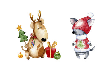Cute cartoon puppy illustration. Watercolor illustration for Christmas. Dog year greeting card.