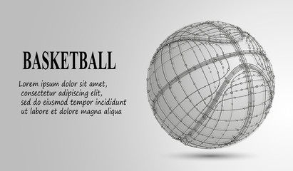 Silhouette of a basketball ball. Dots, lines, triangles, text, color effects and background on a separate layers, color can be changed in one click. Vector illustration