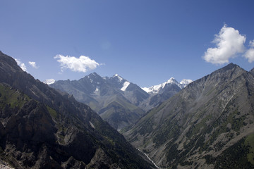 Beautiful mountain landscape, blue sky, trees