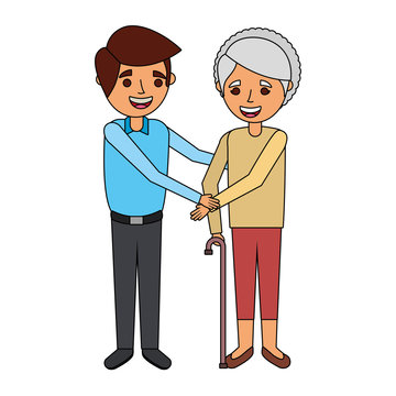older woman grandma with young man holding hands vector illustration