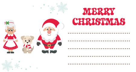 cartoon mrs santa and santa claus with winter dog christmas card