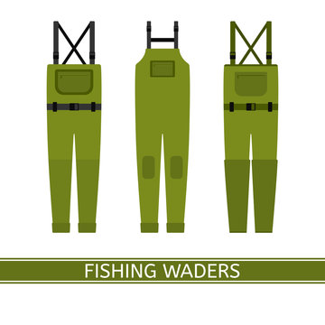 Vector illustration of stockingfoot fishing waders isolated on white background. Waterproof hunting clothing in flat style.