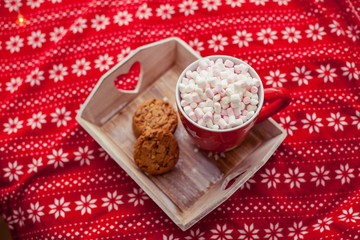 Christmas background. Cocoa with marshmallow and cookies. Christmas baking. New Year. Holidays. Christmas mood.