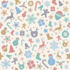 Seamless Christmas pattern with pastel coloured decoration. Vector.	