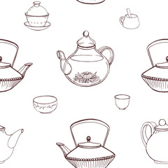 Elegant monochrome seamless pattern with traditional Japanese tea ceremony tools hand drawn with contour lines on white background - teapot, cups or bowls, Tetsubin kettle. Vector illustration.