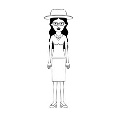woman with hat and glasses and blouse and skirt and heel shoes with long wavy hair in black dotted silhouette vector illustration