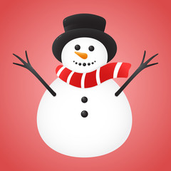 Cute Snowman isolated on red background. Vector.