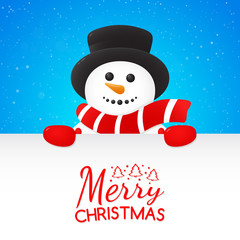 Happy Snowman holding a card with Christmas wishes on background with snowflakes. Vector.