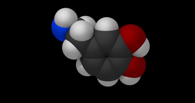 Dopamine molecule, space filling model, rotating seamless loop, 3d animation