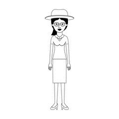 woman with hat and glasses and blouse with skirt and heel shoes with ponytail hair in black dotted silhouette vector illustration