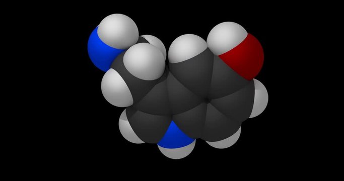 Serotonin molecule, space filling model, rotating seamless loop, 3d animation