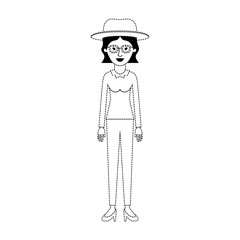 woman with hat and glasses and blouse long sleeve and pants and heel shoes with short wavy hair in black dotted silhouette vector illustration