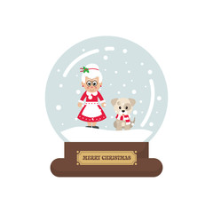 cartoon cute christmas snowglobe with mrs santa and winter dog