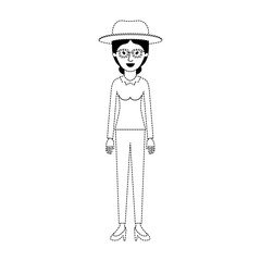 woman with hat and glasses and blouse long sleeve and pants and heel shoes with collected hair in black dotted silhouette vector illustration