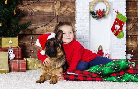 child and dog Christmas mood