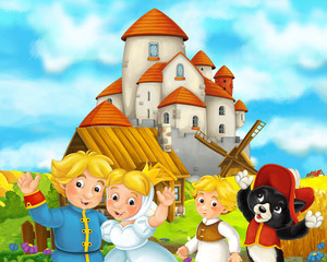 Obraz na płótnie Canvas cartoon scene with some medieval farmers and cat standing talking and smiling beautiful castle in the background illustration for children
