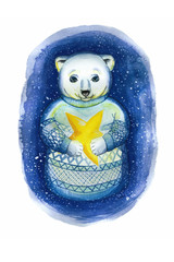 A watercolor drawing on the theme of New Year and Christmas, a drawing of a polar bear, in the technique of a cartoon, in a jacquard sweater, a Scandinavian pattern that holds a yellow star illuminati