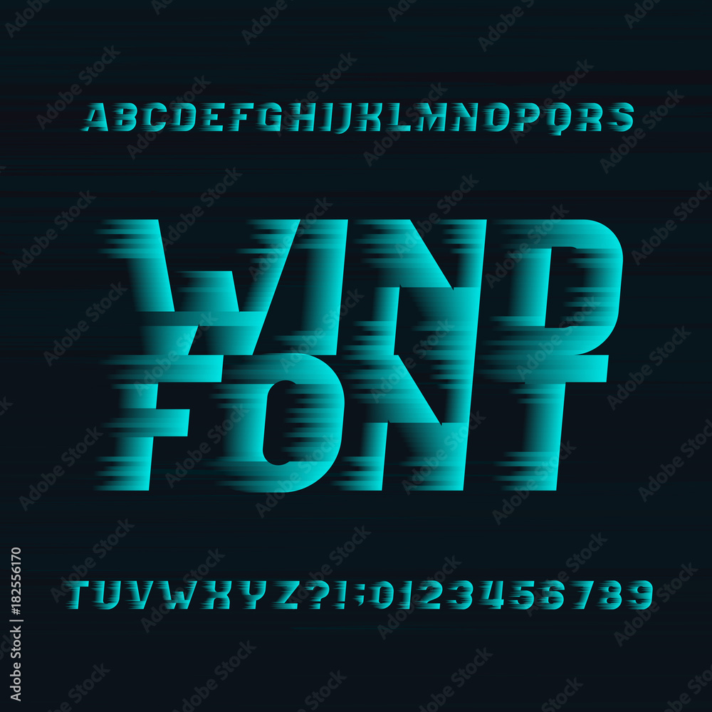 Fototapete wind alphabet vector font. speed effect type letters and numbers on a dark background. stock vector 