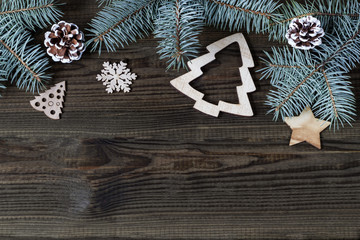 christmas decorations on wooden background. copy space
