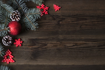 christmas decorations on wooden background. copy space