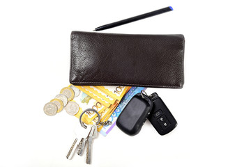 Dark brown wallet isolated and keys, money, coins