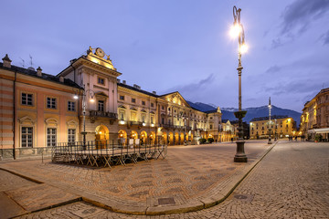 Aosta. Piazza Émile Chanoux is the main square in Aosta. It is located in the central part of the city and has rectangular shape with long sides exposed to the north and south. Val d'Aosta, Italy - obrazy, fototapety, plakaty