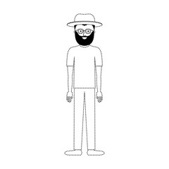man with hat and glasses and t-shirt and pants and shoes with full beard in black dotted silhouette vector illustration