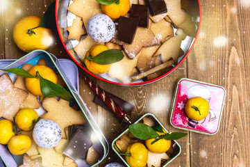Christmas Homemade Gingerbread Cookies on Wooden Background Christmas Treats Concept Christmas Moody Style Background Top View Snow Flake Citrus