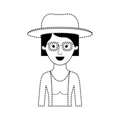 woman half body with hat and glasses and blouse with jacket and short hair in black dotted silhouette vector illustration